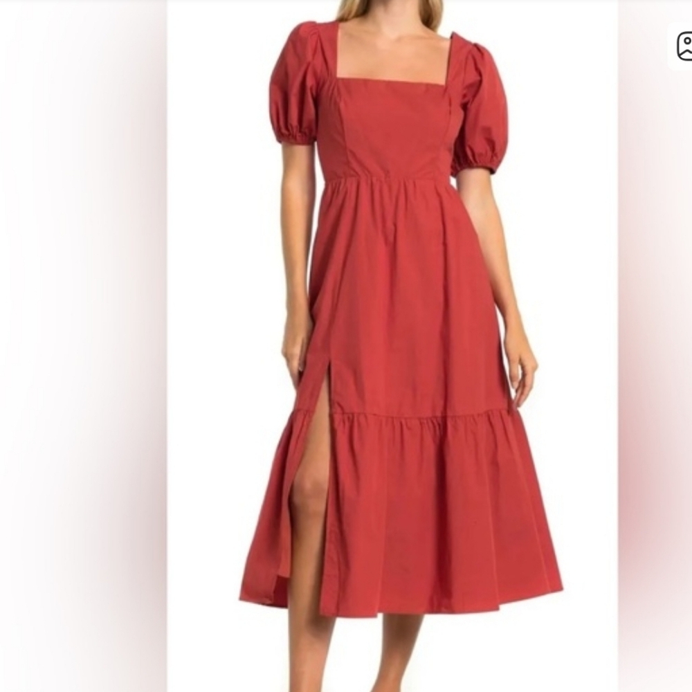ASTR The Label Brick Puff Sleeve Midi Dress Square Neck Tiered Skirt Size S